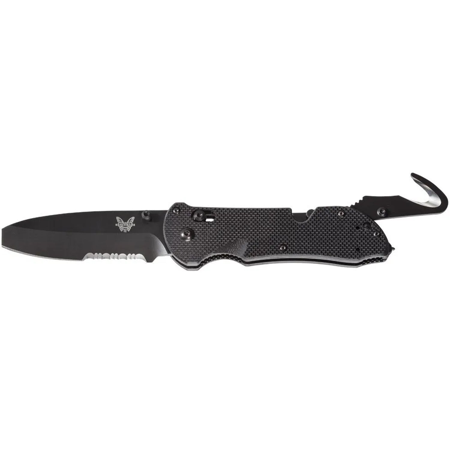 This 916 Triage® knife has all of the great features of Benchmade's&nbsp;original Triage rescue tool, and the added safety-utility benefit of the opposing bevel blunt tip blade.&nbsp;This dynamic triple utility tool includes part serrated knife, safety hook /strap cutter and carbide glass breaker. www.moralepatches.com.au