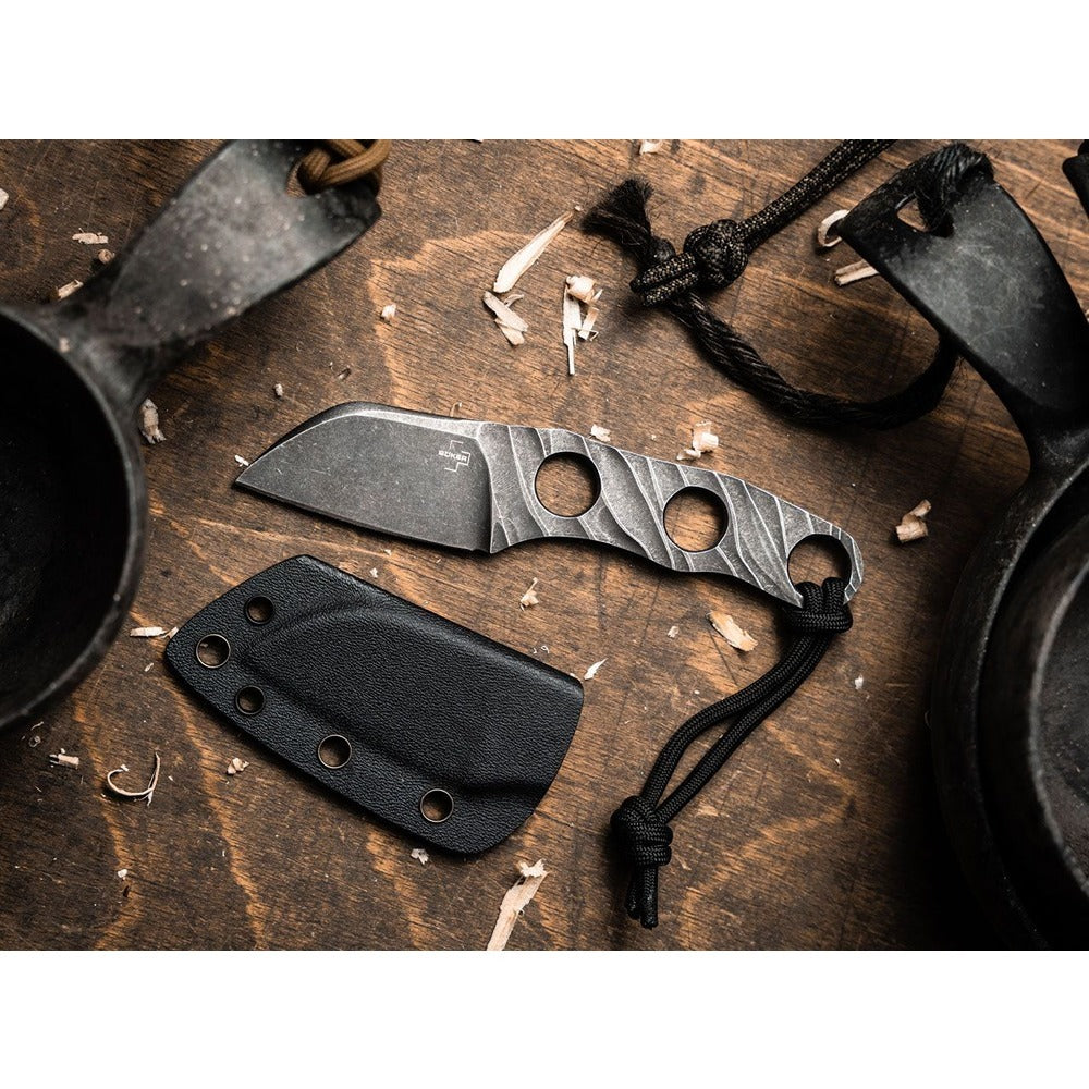The Boker Plus Kazhan designed by Alexander Krava is a handy neck knife with a short sheepfoot blade that is ideal as a backup knife for everyday use due to its light weight. The young knifemaker from Lviv, Ukraine, places particular emphasis on the aesthetics of his designs, which are convincing not only as reliable tools but also as high quality accessories. The skeletonised Kazhan is made of D2 with a dark stonewash finish. www.moralepatches.com.au