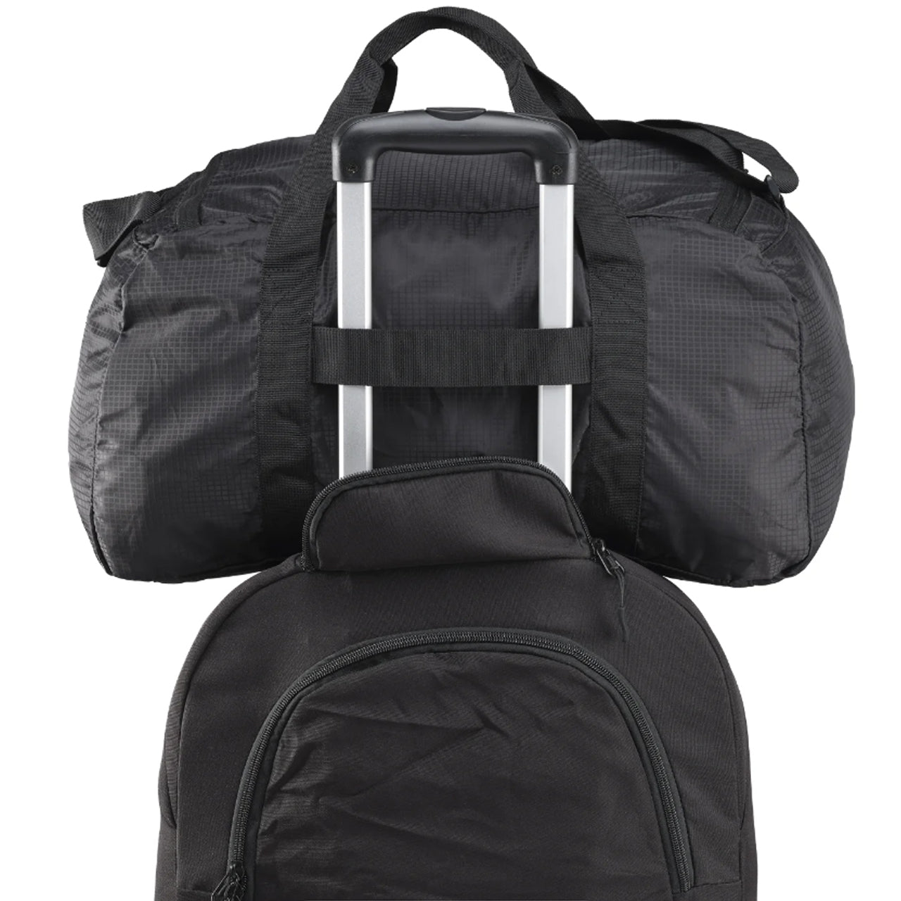 Volume: 37L/53 x 27 x 26cm Fold away duffle bag stows neatly into its own integrated storage pouch Compact &amp; portable 37L gear bag&nbsp; Great accessory for travel - when you need an extra bag Large main zippered storage compartment Lockable zip housings for extra security Rear luggage trolley&nbsp;pass through secures this bag to larger suit cases Adjustable webbing shoulder strap Weight: 270g www.moralepatches.com.au