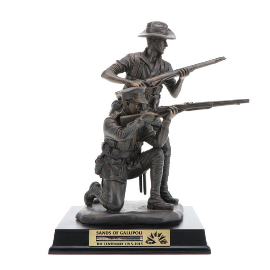 The beautiful 2015 release Sands of Gallipoli Their Spirit Gallipoli Centenary Bronze Figurine, shares the spirit of Gallipoli with this amazingly detailed Limited Edition cold cast bronze figurine. Standing 240mm with a glass vial of actual sands collected from the landing beaches at Gallipoli set into the timber base, this is an heirloom to be treasured through the ages. Only 5,000 available worldwide. www.moralepatches.com.au