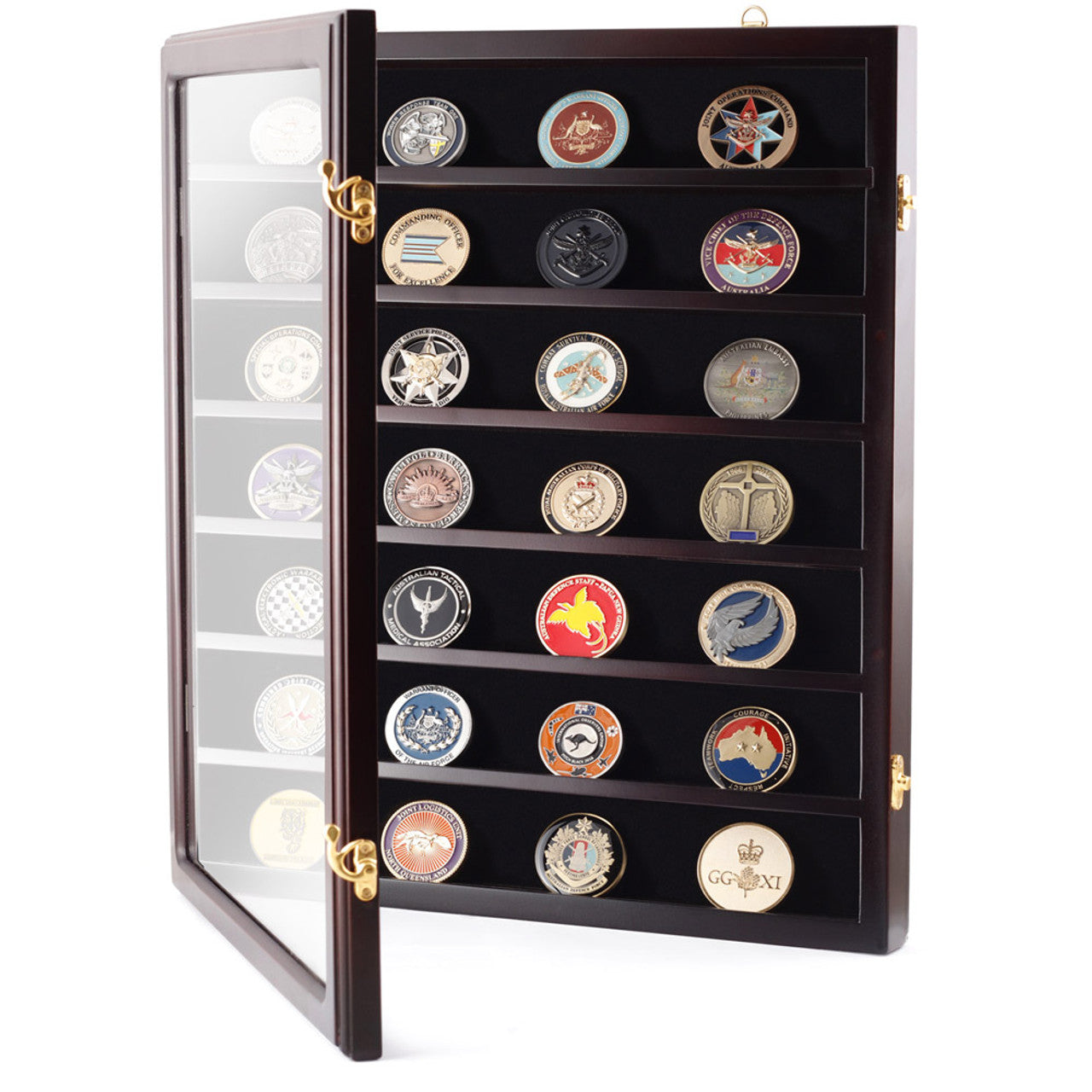 This stylish 390mm x 460mm x 55mm high gloss timber veneer Challenge Coin Display Case by Master Creations is about refined quality. There are seven velvet-backed levels to vividly showcase up to 49 coins and all fittings are finished in gold-plate. The shatter-safe hinged Perspex window will keep coins dust free and the cabinet can be wall mounted and even has a velvet backing to protect your wall surface. www.moralepatches.com.au