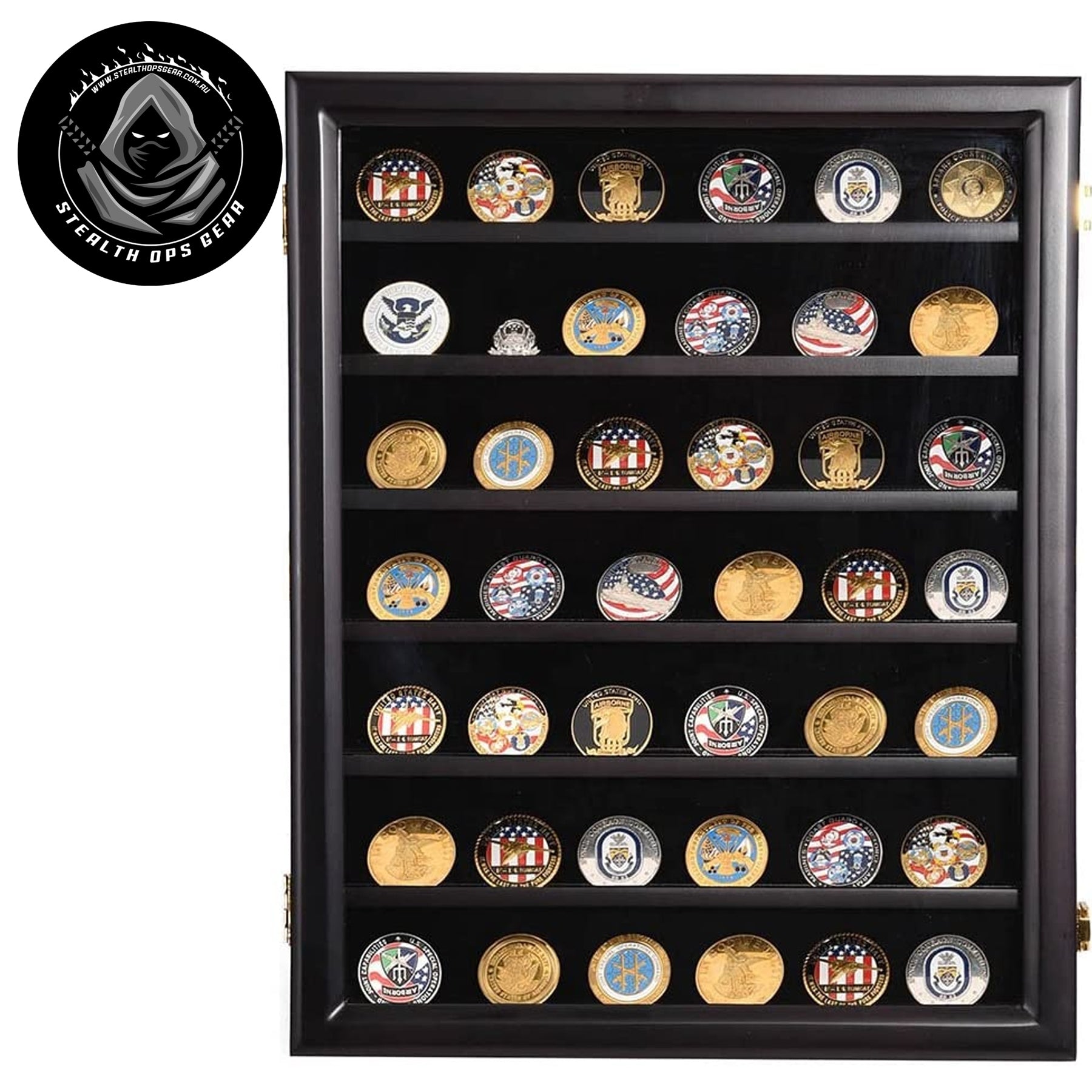 Display your prized challenge coin collection with the elegance it deserves. This premium Challenge Coin Display Case from Stealth Ops Gear features seven velvet-backed levels that showcase up to 49 coins in stunning detail. www.moralepatches.com.au