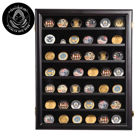 Display your prized challenge coin collection with the elegance it deserves. This premium Challenge Coin Display Case from Stealth Ops Gear features seven velvet-backed levels that showcase up to 49 coins in stunning detail. www.moralepatches.com.au
