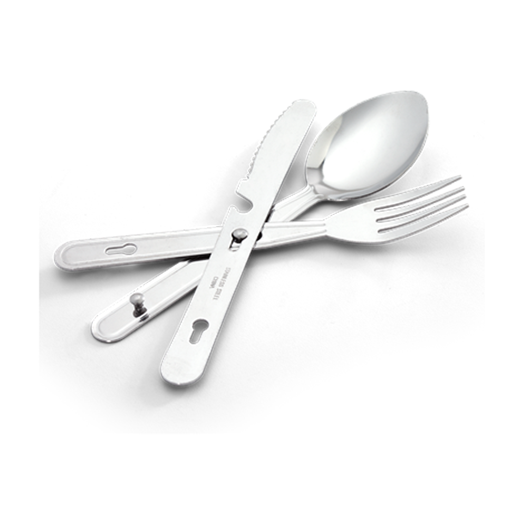 This three piece stainless steel knife, fork and spoon set clip together for easy carrying and storage.

Specifications:

Measures: 14.6cm x 2.54cm
Weighs: 70.9 g www.moralepatches.com.au