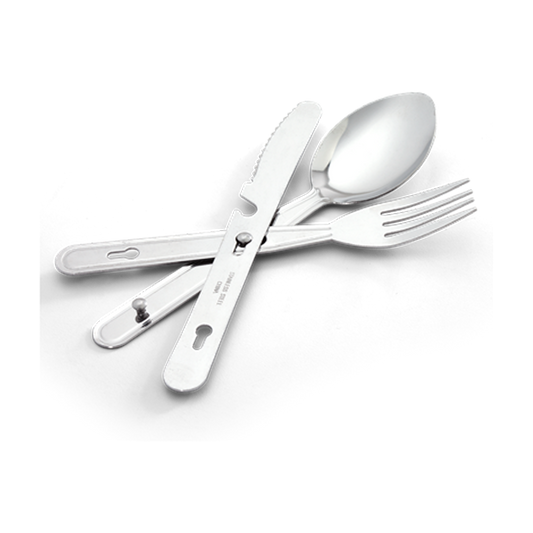 This three piece stainless steel knife, fork and spoon set clip together for easy carrying and storage.

Specifications:

Measures: 14.6cm x 2.54cm
Weighs: 70.9 g www.moralepatches.com.au