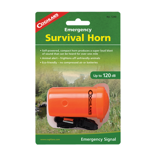 The Coghlan's Emergency Survival Horn is very loud! It operates with the simplicity of a mouth horn and blasts out audible sound up to 120dB. The membrane can be easily replaced with any thin flexible film. Comes with SOS printed on the body and a black break-away lanyard. www.moralepatches.com.au