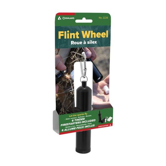 For reliable fire-starting, Coghlan's Flint wheel provides an all-in-one kit, contained in a single, sleek aluminum capsule. This kit offers a convenient way to spark and ignite the included paraffin and cotton tinder, or various other fire starters with a simple and quick, one-handed operation. www.moralepatches.com.au