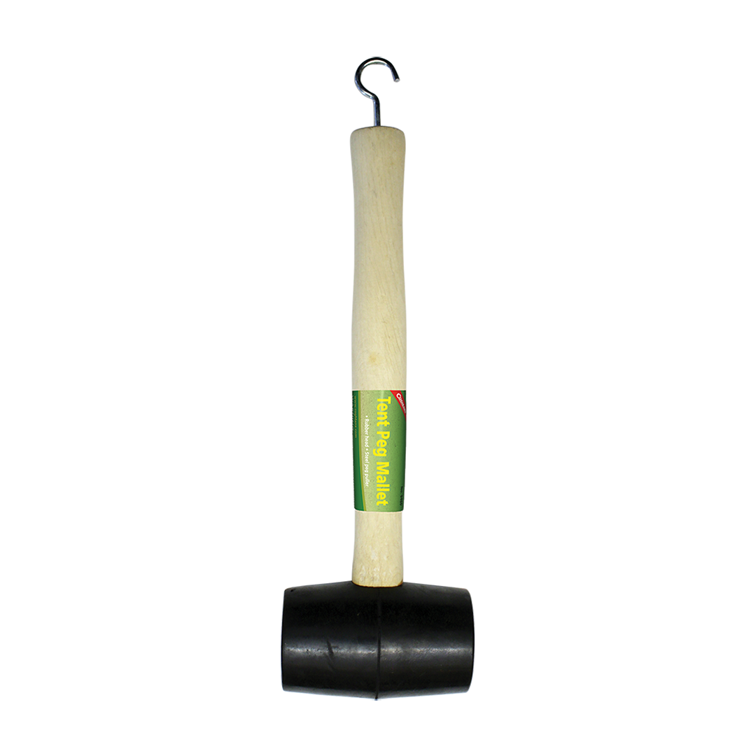 Tent peg mallet with a rubber head and wooden handle. Includes a steel tent peg puller. www.moralepatches.com.au