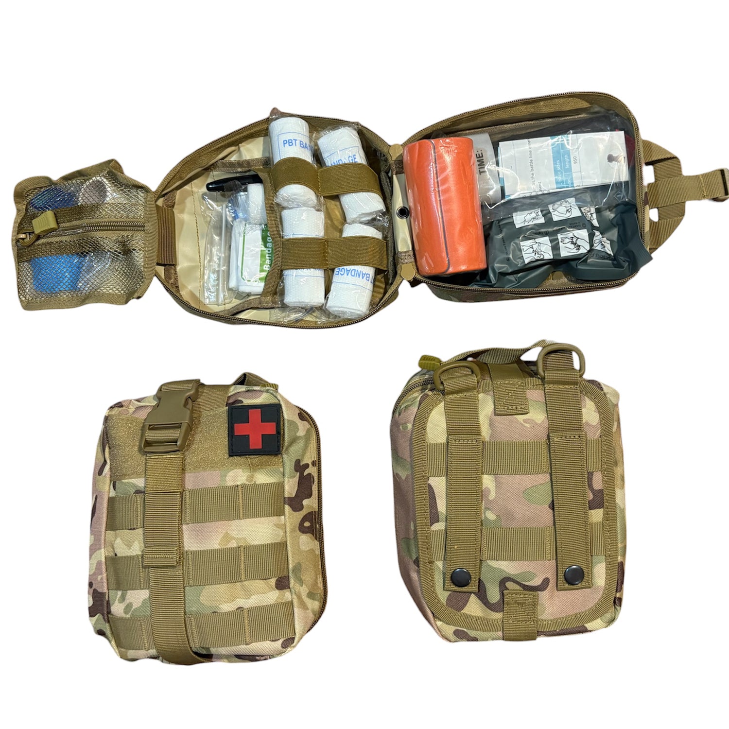 The Combat Trauma Kit Medium With Multicam Pouch Bundle is for emergency treatment for one person in case of injury. www.moralepatches.com.au
