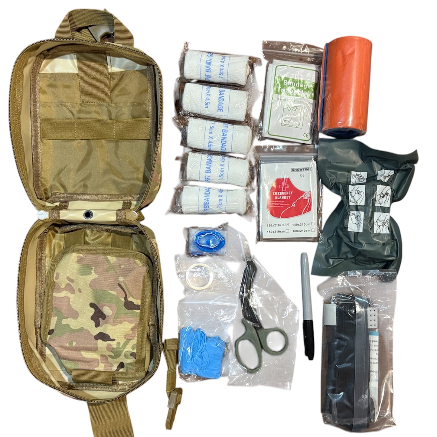 The Combat Trauma Kit Medium With Multicam Pouch Bundle is for emergency treatment for one person in case of injury. www.moralepatches.com.au