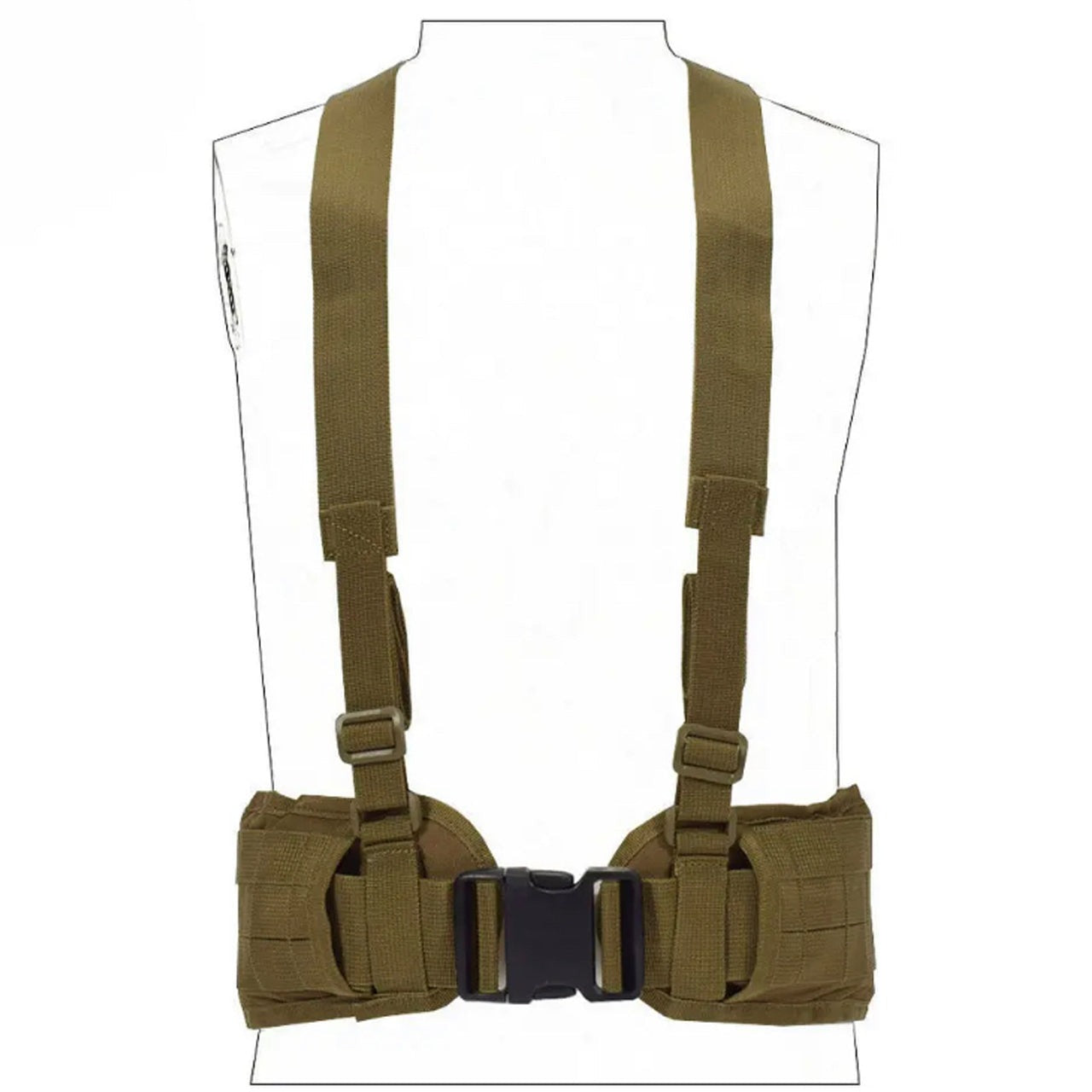 Boasting three rows of MOLLE-designed webbing straps for easy pouch attachment, the Cross Harness Platform is a lightweight, low-profile option with adjustable waist straps (34-64 inches) and easy-release, high-quality buckles. www.moralepatches.com.au  colour coyote front view