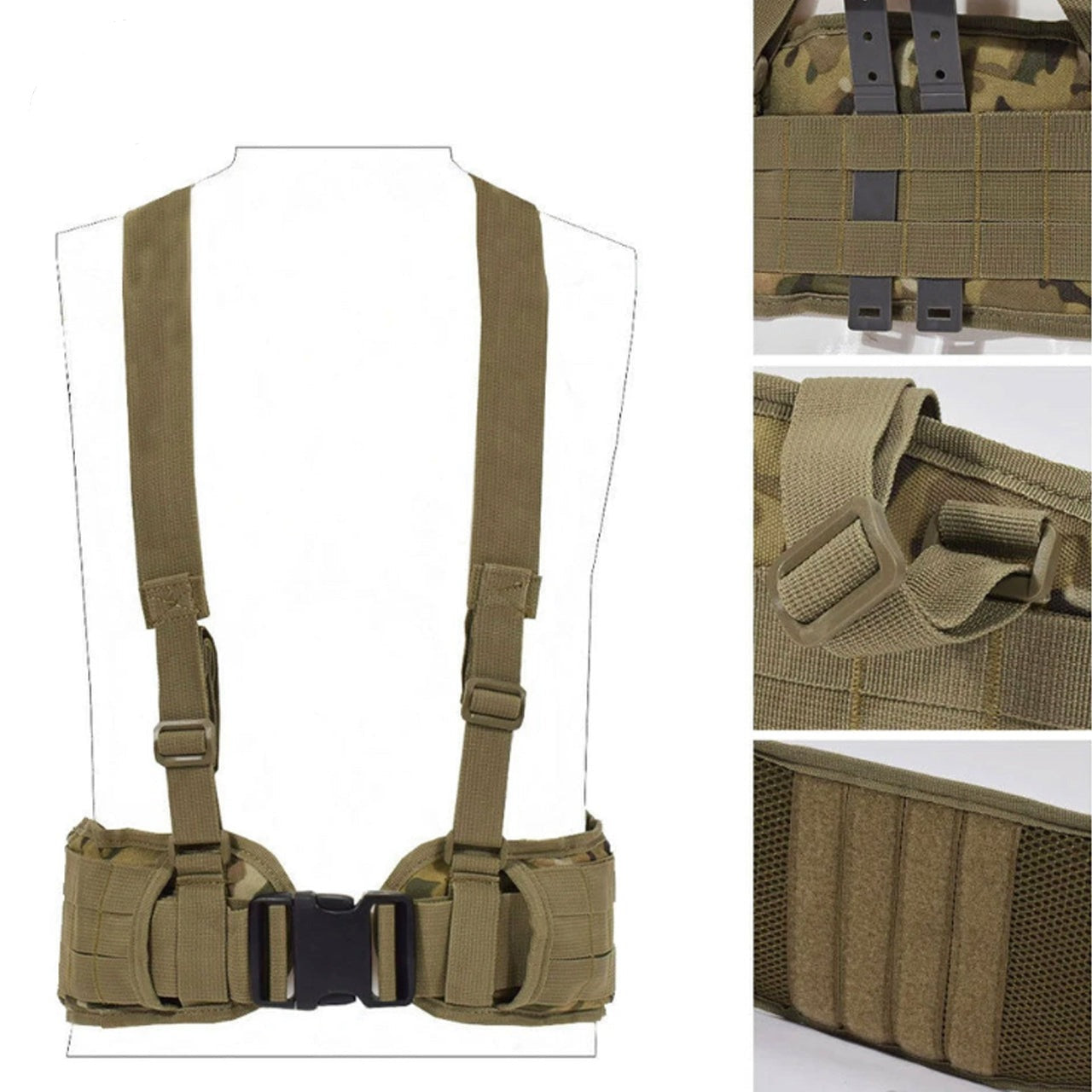 Boasting three rows of MOLLE-designed webbing straps for easy pouch attachment, the Cross Harness Platform is a lightweight, low-profile option with adjustable waist straps (34-64 inches) and easy-release, high-quality buckles. www.moralepatches.com.au combination view 