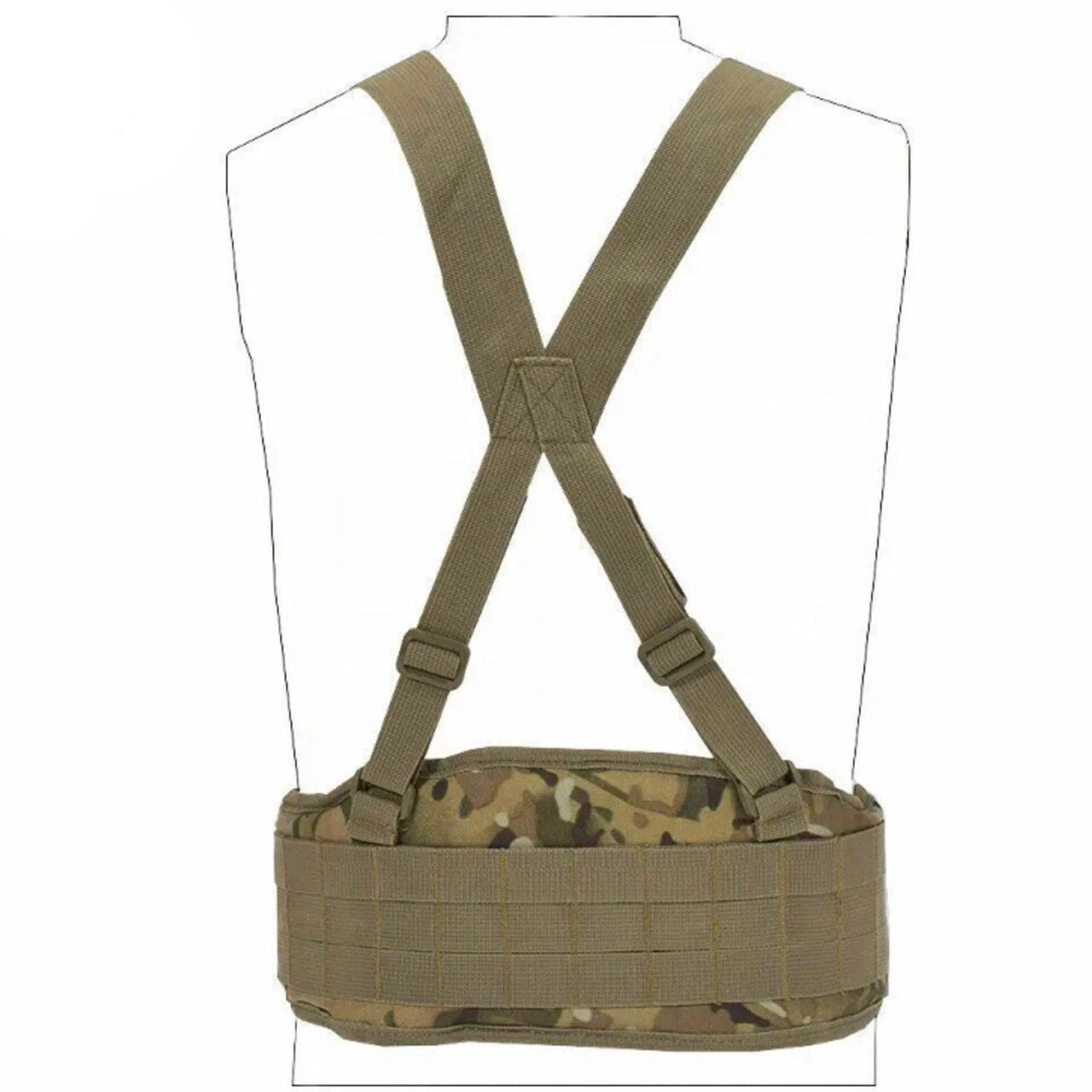 Boasting three rows of MOLLE-designed webbing straps for easy pouch attachment, the Cross Harness Platform is a lightweight, low-profile option with adjustable waist straps (34-64 inches) and easy-release, high-quality buckles. www.moralepatches.com.au colour multicam rear view