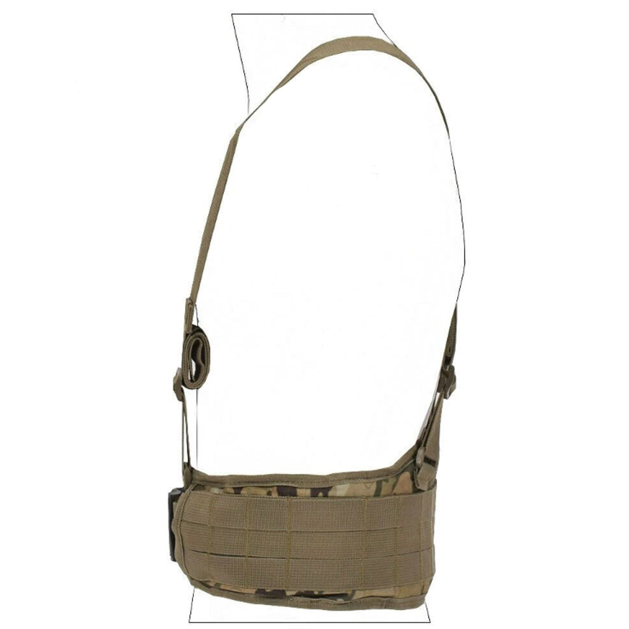 Boasting three rows of MOLLE-designed webbing straps for easy pouch attachment, the Cross Harness Platform is a lightweight, low-profile option with adjustable waist straps (34-64 inches) and easy-release, high-quality buckles. www.moralepatches.com.au colour multicam side view