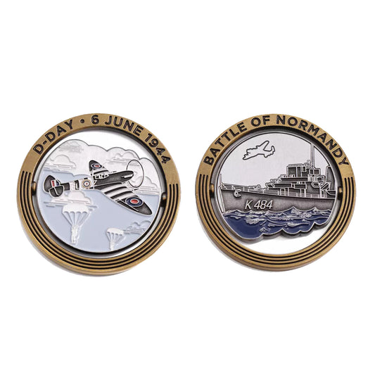 Introducing the exclusive D-Day - Battle of Normandy limited-edition medallion, a true collector's treasure with only 500 units available. This meticulously crafted medallion features a unique spinning disc on an axle, allowing the front-facing view to change effortlessly. www.moralepatches.com.au