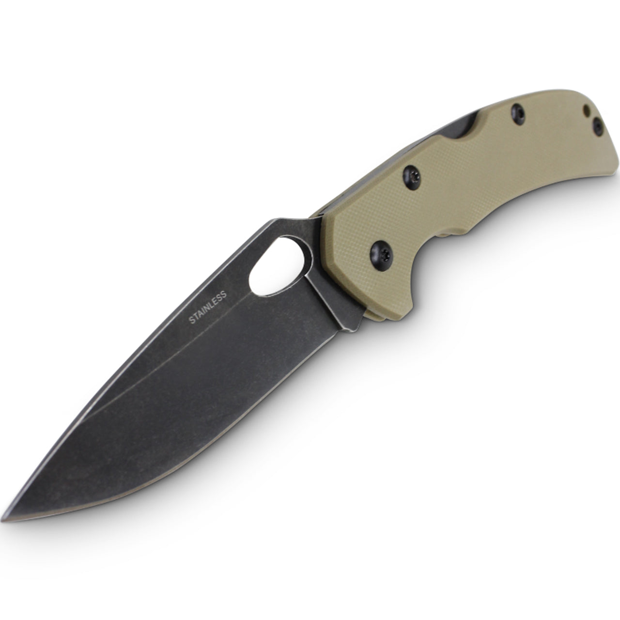 Colour: Coyote Tan Stainless Lightweight Pocket size Straight fine edge Lock-back mechanism Push close Tactical style handle Integrated belt clip for easy carry Thumb hole for quick opening www.moralepatches.com.au
