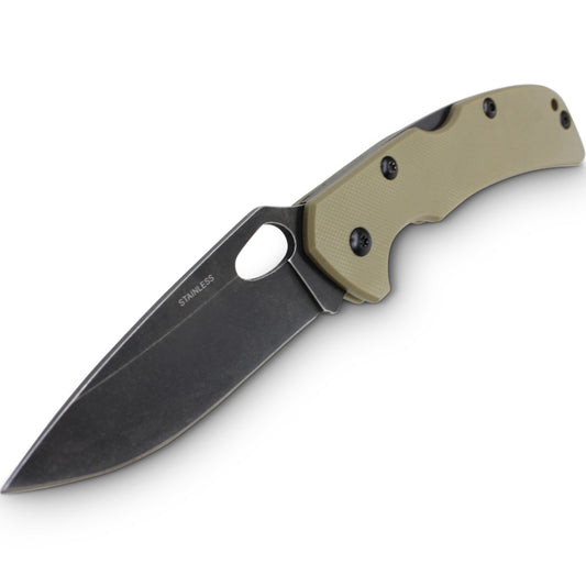 Colour: Coyote Tan Stainless Lightweight Pocket size Straight fine edge Lock-back mechanism Push close Tactical style handle Integrated belt clip for easy carry Thumb hole for quick opening www.moralepatches.com.au