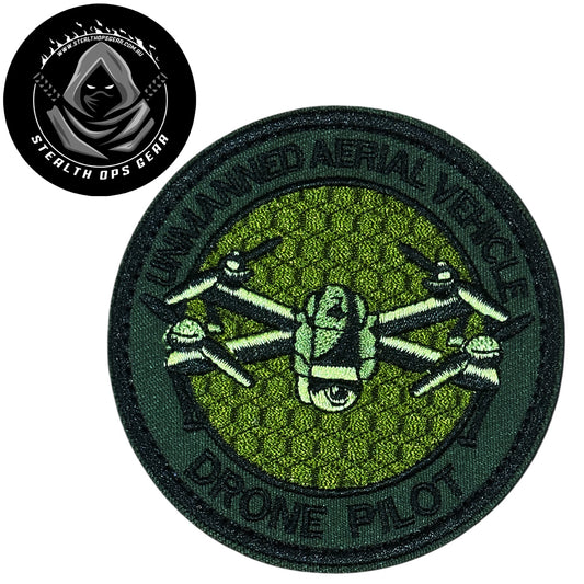 Unleash your creativity with the Drone Pilot Green Embroidery Patch Hook &amp; Loop Stealth Ops Gear! Measuring 8cm and featuring a beautifully embroidered design and secure hook &amp; loop backing, this patch is a must-have for any collector. www.moralepatches.com.au