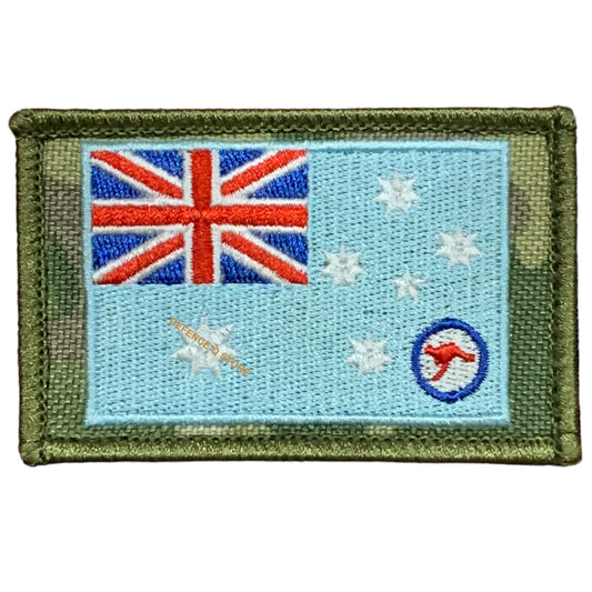 The Royal Air Force Ensign  In 1948, it was decided to have an Ensign that would better reflect an Australian identity, so the Southern Cross and the Commonwealth Star were added and the Roundel reduced in size. This design was granted Royal approval in October 1948. www.moralepatches.com.au