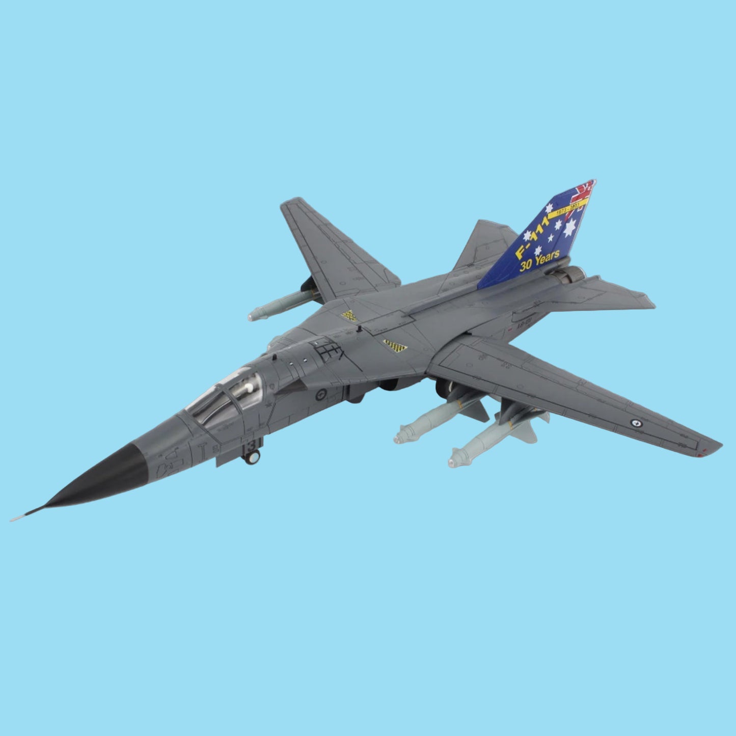 Relive three decades of Australian air force power with this formidable 1/72 scale F-111C "Pig" from Hobby Master, capturing aircraft A8-131 in its iconic 1973-2003 service livery. www.moralepatches.com.au