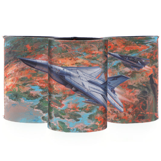 The eye-catching design showcases Harrison's artwork titled "Seek, Strike and Return" along with a schematic of the aircraft in the base. Made from durable neoprene, this cooler is perfect for keeping your drinks cold. The limited edition details inside add to its exclusivity. Don't miss out on this unique piece from the Iconic Aviation Collection. www.moralepatches.com.au