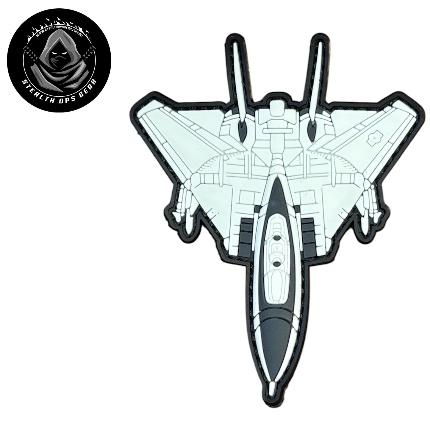 F14 Tomcat White PVC Morale Patch - Stealth Ops Gear. This bold PVC morale patch delivers attitude and authenticity to your tactical gear, backpack, or everyday carry. At 10x8cm, it's sized perfectly for visibility without overwhelming your setup.  www.moralepatches.com.au