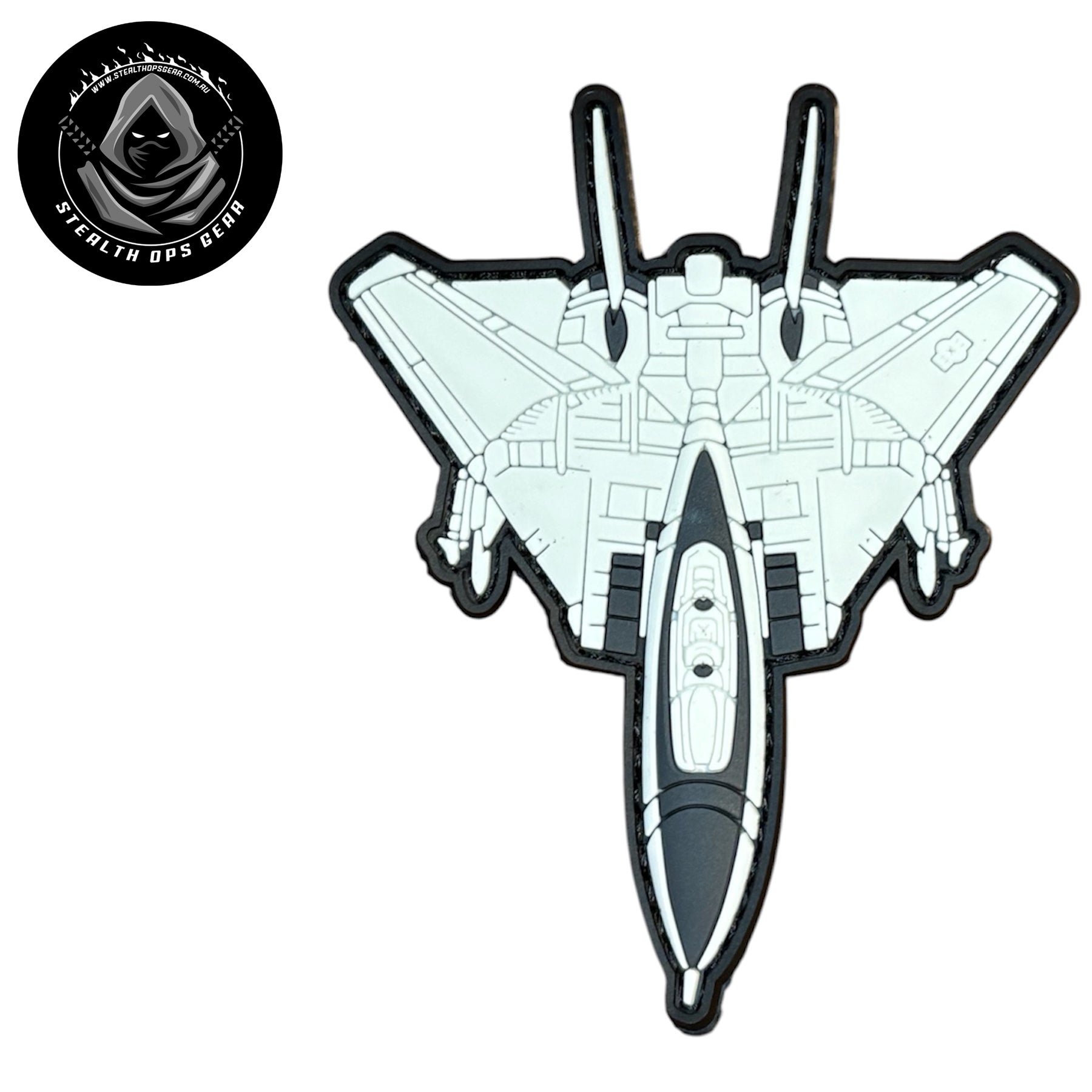 F14 Tomcat White PVC Morale Patch - Stealth Ops Gear. This bold PVC morale patch delivers attitude and authenticity to your tactical gear, backpack, or everyday carry. At 10x8cm, it's sized perfectly for visibility without overwhelming your setup.  www.moralepatches.com.au