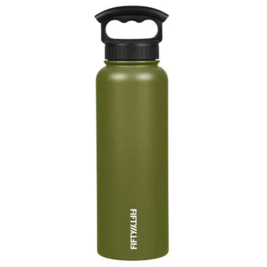 The Fifty Fifty 1.1LT Water Bottle in Olive Green features a black 3-finger grip for easy carrying. Made from lightweight, recyclable 18/8 food-grade stainless steel, its double-wall vacuum insulation keeps drinks hot or cold for hours without sweating. www.moralepatches.com.au