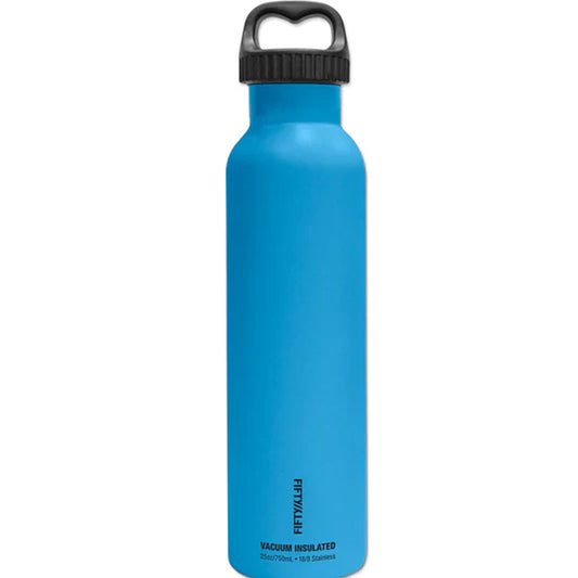 The Fifty Fifty 750ml Water Bottle in Crater Blue combines lightweight, recyclable 18/8 food-grade stainless steel with advanced double-wall vacuum insulation to maintain your drink's temperature—hot or cold—for hours.  www.moralepatches.com.au