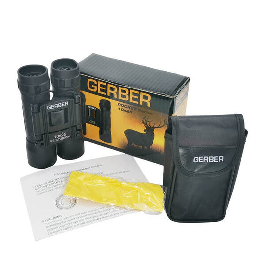The Gerber 10x25 Binocular&nbsp;is made for action! This binocular has a rubber non-slip grip exterior and is compact and light enough to be taken anywhere – from sports events to bird watching! Weighing a light 160g the Gerber 10x25 binocular folds up for storage inside a shirt pocket, handbag or vehicle glovebox. www.moralepatches.com.au