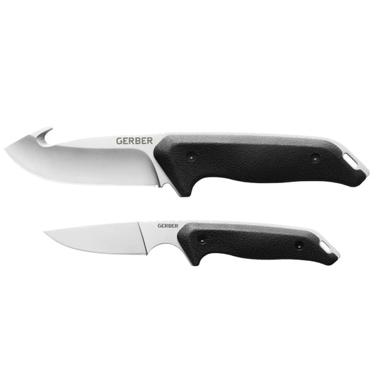 This cleaning kit offers thorough and efficient field dressing, as well as cutting and quartering an animal. The two knife kit has two full tang blades, the larger with a gut hook feature. Both have a moulded rubber handle for comfort and can be sheathed together. www.moralepatches.com.au