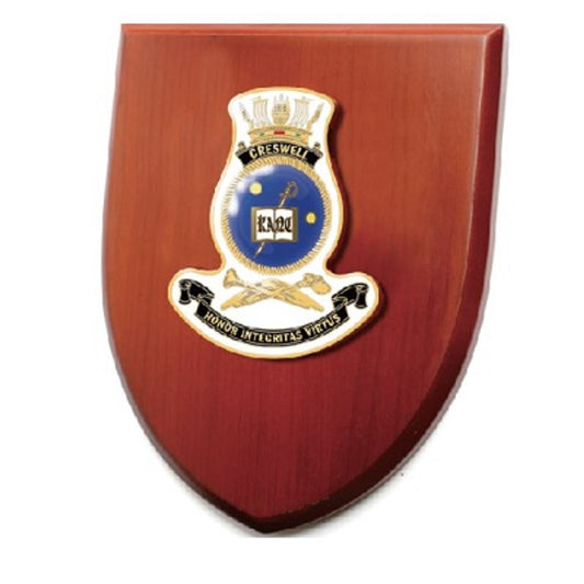 The exceptional HMAS Creswell Plaque is now available for order. This stunning plaque showcases a 100mm full colour enamel crest, elegantly placed on a 200x160mm timber finish shield. www.moralepatches.com.au