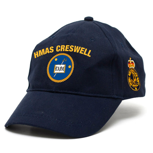 The HMAS Creswell Policy Cap is a must-have accessory for military enthusiasts. Made from high-quality heavy brushed cotton, this cap features the prestigious Navy Ceremonial badge on the left side. www.moralepatches.com.au