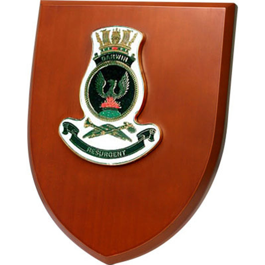The Exceptional HMAS Darwin Plaque is a truly remarkable piece that is sure to impress. This exquisite plaque showcases a stunning 100mm full colour enamel crest, elegantly set on a 200x160mm timber finish shield.  www.moralepatches.com.au
