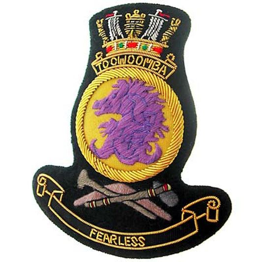 This HMAS Toowoomba Bullion Pocket Badge is simply spectacular - adorn your blazer, bag, or any other item with an elegant, stately badge that measures a total of 80x80mm. The secure, 3-butterfly pin clasp on the back ensures that your badge is always in place. www.moralepatches.com.au