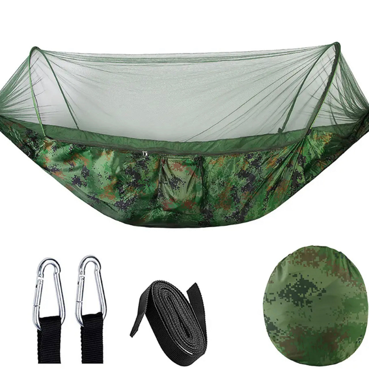 This Hammock With Mosquito Net Tactical Camo is perfect for camping and traveling. It is compact, made of a light weight material with built in very fine mosquito netting, also comes with 2 heavy duty 8cm carabiners, attachment nylon cord with suspenders loops to secure the hammock to the tree line with a carry bag is intergrated into the design.  www.moralepatches.com.au
