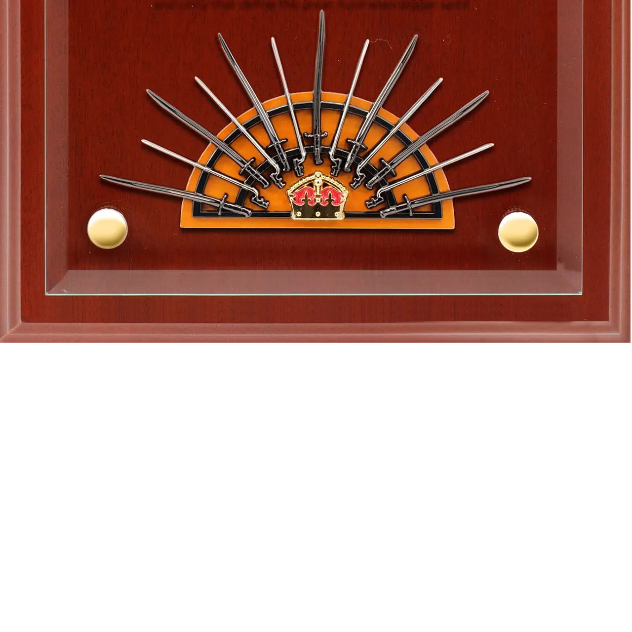 This beautifully crafted timber plaque features a mounted version of the seventh iteration of the iconic Rising Sun Hat Badge, accompanied by a small replica of the Hutton Trophy of Arms, the revered symbol believed to have inspired the design of the Rising Sun Badge. At the front of the plaque, a clear acrylic panel is engraved with a brief history of the Rising Sun, offering a thoughtful narrative behind this powerful emblem. www.moralepatches.com.au