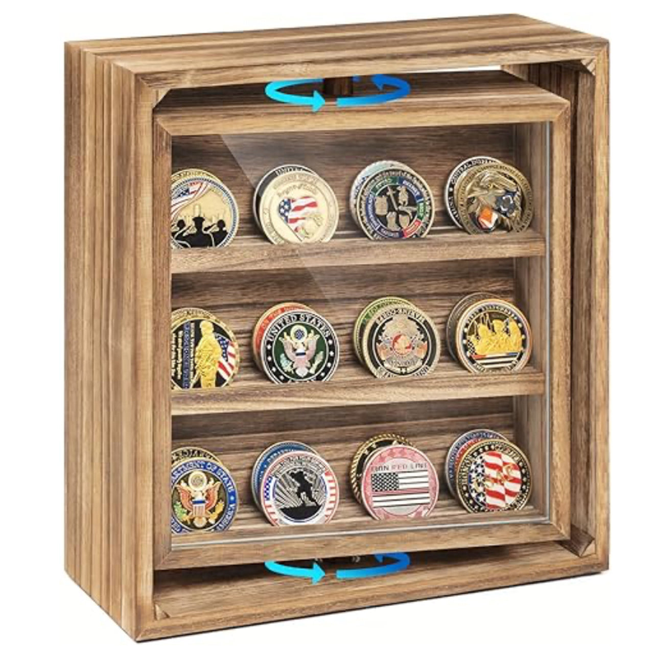 This stylish 390mm x 460mm x 55mm high gloss timber veneer Challenge Coin Display Case by Master Creations is about refined quality. There are seven velvet-backed levels to vividly showcase up to 49 coins and all fittings are finished in gold-plate. The shatter-safe hinged Perspex window will keep coins dust free and the cabinet can be wall mounted and even has a velvet backing to protect your wall surface. www.moralepatches.com.au