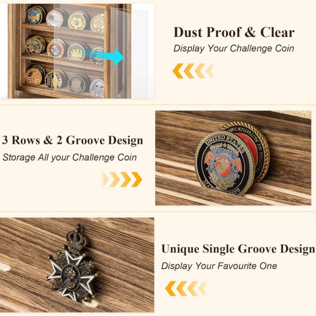 This stylish 390mm x 460mm x 55mm high gloss timber veneer Challenge Coin Display Case by Master Creations is about refined quality. There are seven velvet-backed levels to vividly showcase up to 49 coins and all fittings are finished in gold-plate. The shatter-safe hinged Perspex window will keep coins dust free and the cabinet can be wall mounted and even has a velvet backing to protect your wall surface. www.moralepatches.com.au
