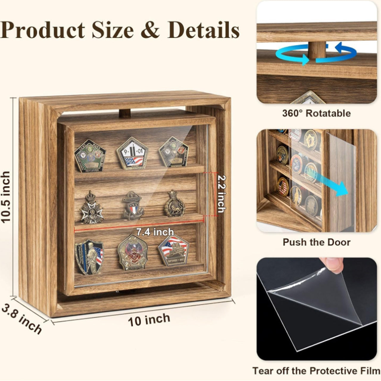 This stylish 390mm x 460mm x 55mm high gloss timber veneer Challenge Coin Display Case by Master Creations is about refined quality. There are seven velvet-backed levels to vividly showcase up to 49 coins and all fittings are finished in gold-plate. The shatter-safe hinged Perspex window will keep coins dust free and the cabinet can be wall mounted and even has a velvet backing to protect your wall surface. www.moralepatches.com.au