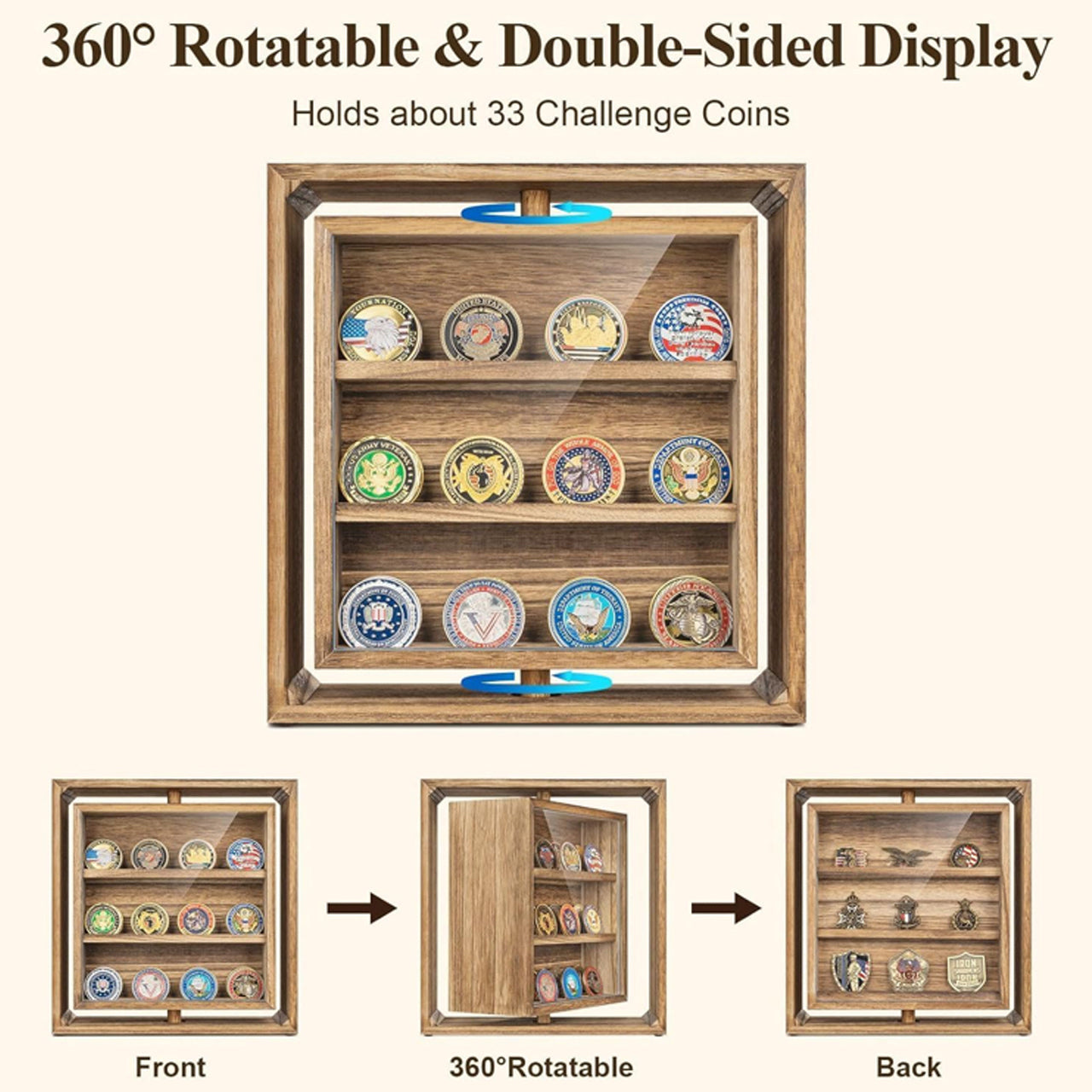 This stylish 390mm x 460mm x 55mm high gloss timber veneer Challenge Coin Display Case by Master Creations is about refined quality. There are seven velvet-backed levels to vividly showcase up to 49 coins and all fittings are finished in gold-plate. The shatter-safe hinged Perspex window will keep coins dust free and the cabinet can be wall mounted and even has a velvet backing to protect your wall surface. www.moralepatches.com.au