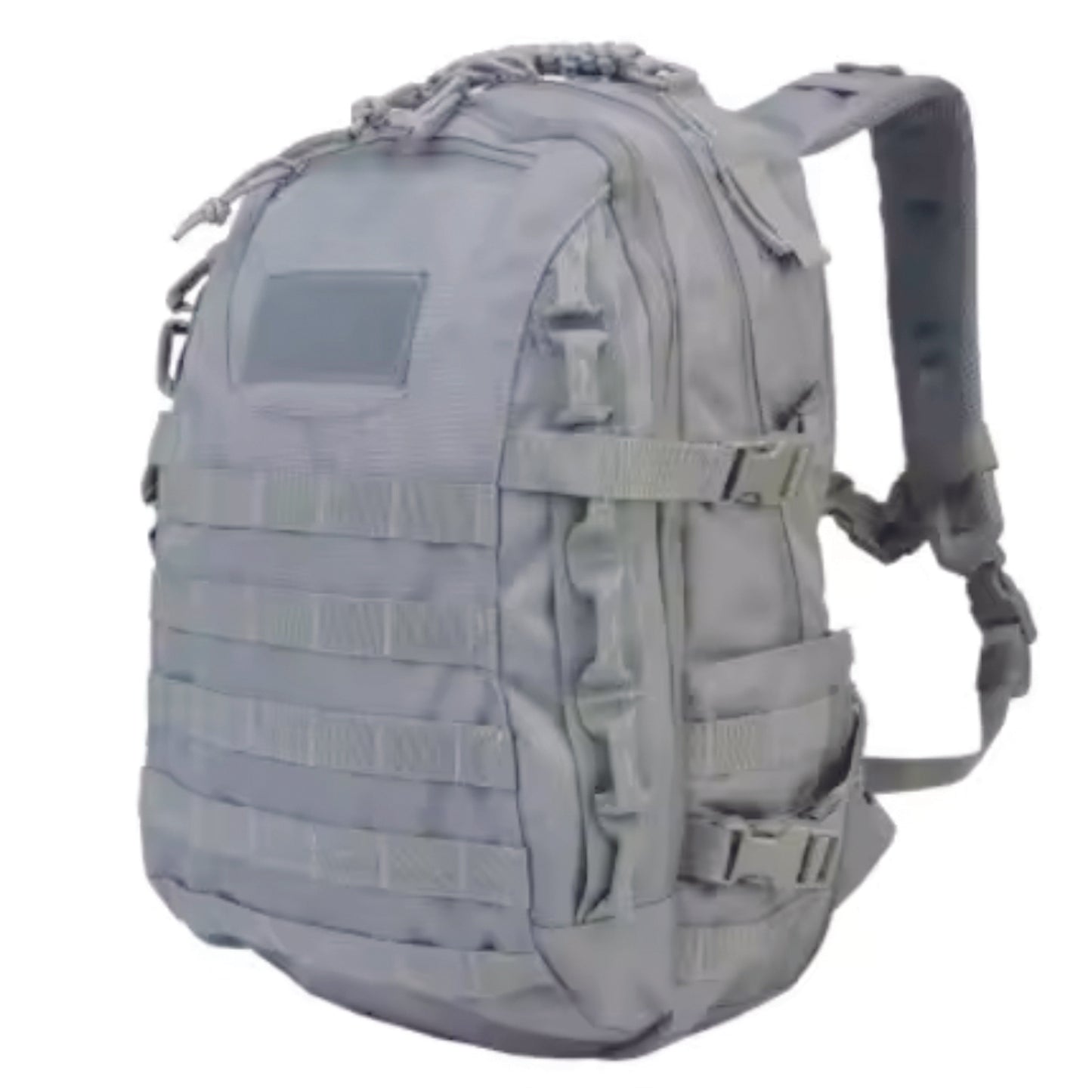 The City Tactical 40LT Backpack in Gray is equipped with MOLLE webbing on the front and sides, a small front pouch, full-length middle and back compartments featuring multiple pockets, and Velcro-sealed drink pockets on the sides for secure storage when not in use. www.moralepatches.com.au