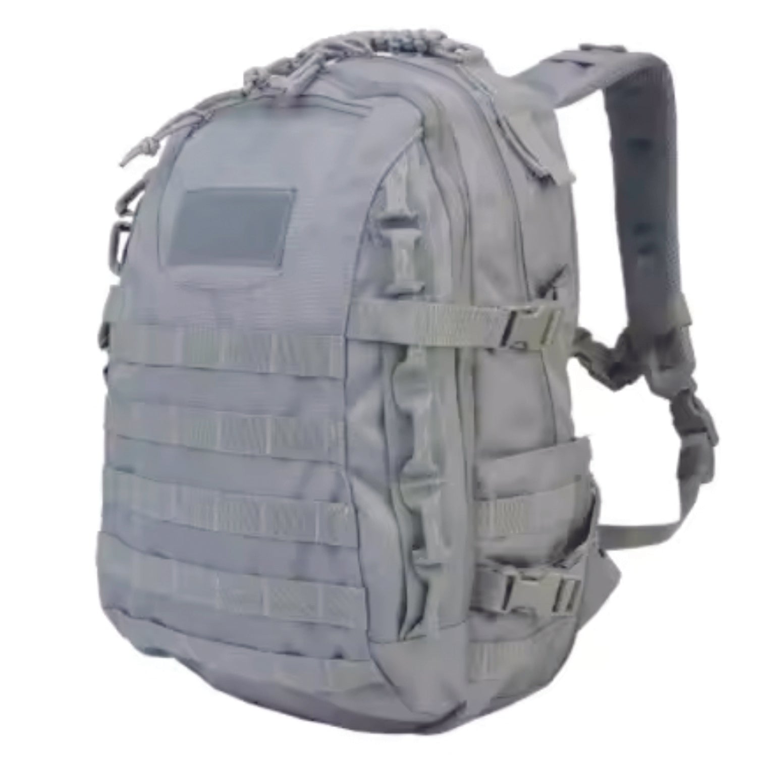 The City Tactical 40LT Backpack in Gray is equipped with MOLLE webbing on the front and sides, a small front pouch, full-length middle and back compartments featuring multiple pockets, and Velcro-sealed drink pockets on the sides for secure storage when not in use. www.moralepatches.com.au