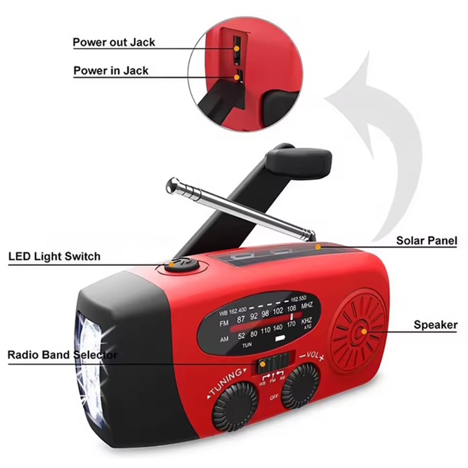 Stay prepared for any emergency with this versatile, self-powered radio designed to keep you connected when it matters most. Featuring AM/FM reception, a bright 3-LED flashlight, and integrated power bank functionality, it delivers essential tools in one compact device. Power it your way—via USB charging, solar panels, or the hand crank for complete independence from the grid.  www.moralepatches.com.au
