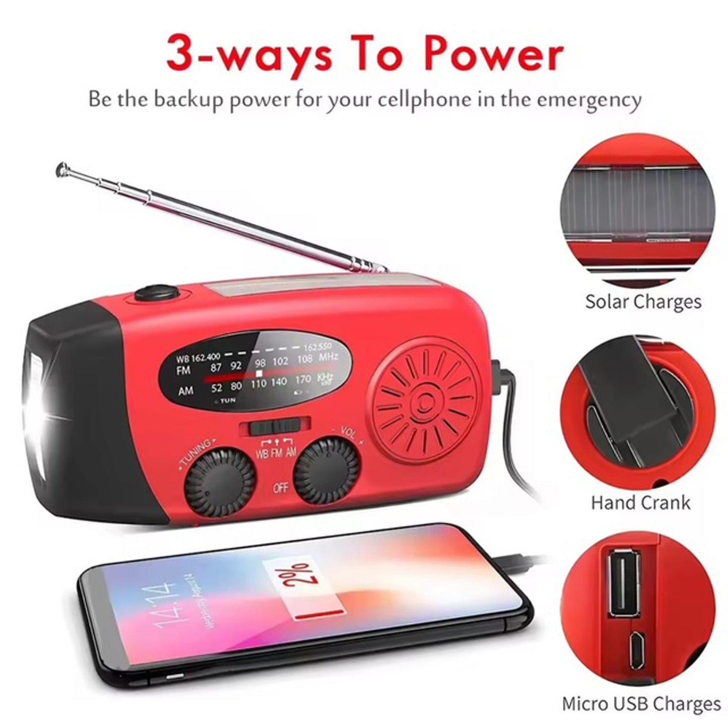 Stay prepared for any emergency with this versatile, self-powered radio designed to keep you connected when it matters most. Featuring AM/FM reception, a bright 3-LED flashlight, and integrated power bank functionality, it delivers essential tools in one compact device. Power it your way—via USB charging, solar panels, or the hand crank for complete independence from the grid.  www.moralepatches.com.au