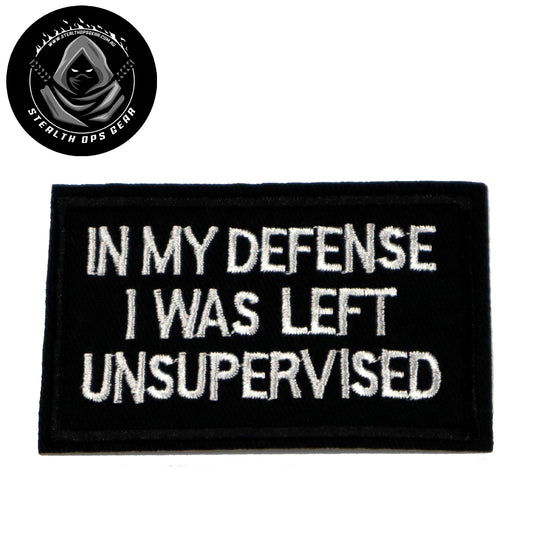 Unleash your rebellious spirit with the In My Defense I Was Left Unsupervised Morale Patch! Featuring an embroidered design and hook &amp; loop backing, this 8x5cm patch is the perfect addition to your collection. Show off your unapologetic confidence and unique sense of humour with this high-quality product. www.moralepatches.com.au