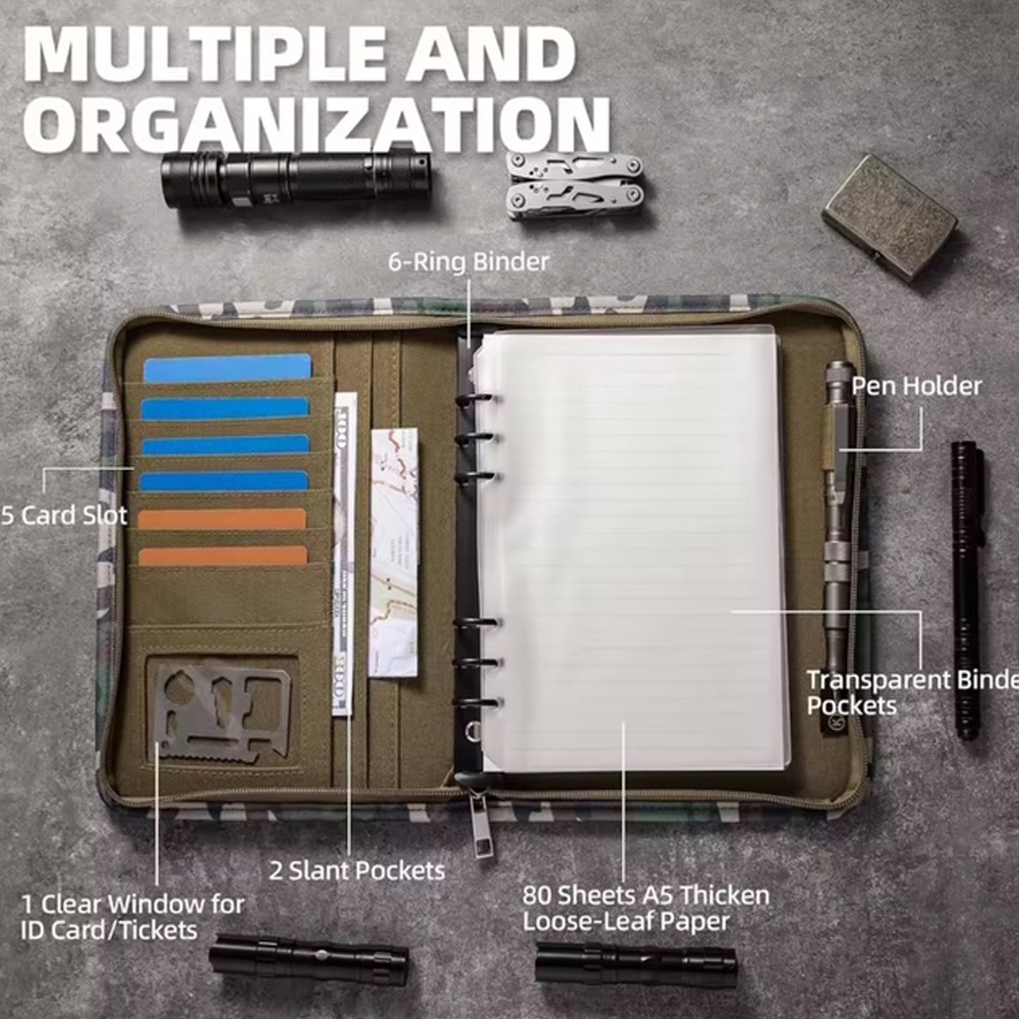 Stay organized in the field with this rugged A6 Tactical Notebook. The multicam cover keeps your essentials secure while the 6-ring binder system lets you customize your setup. Five card slots and an ID window provide quick access to critical information, while the pen holder keeps your writing tool within reach. www.moralepatches.com.au