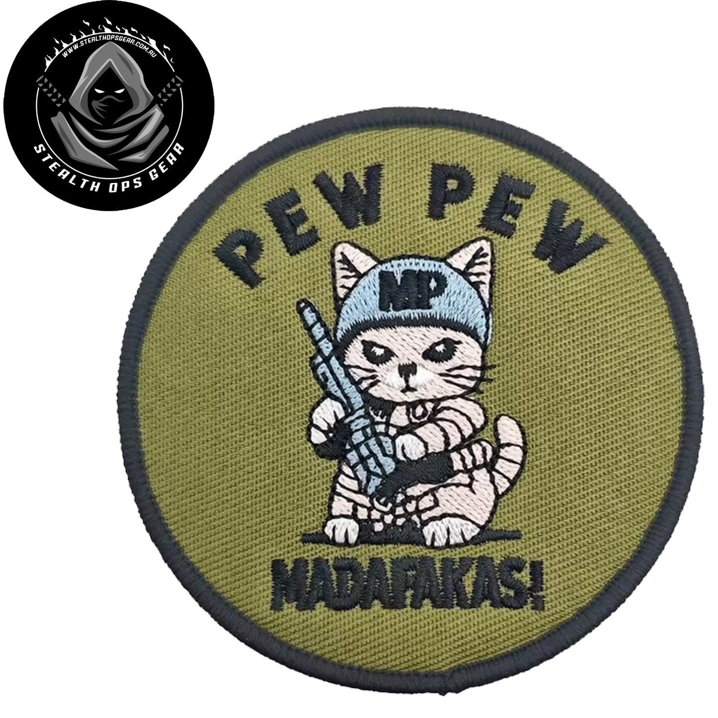 Unleash your creativity with the MP Pew Pew Embroidery Printed Patch Hook &amp; Loop - Stealth Ops Gear! Measuring 8cm and featuring a beautifully embroidered design and secure hook &amp; loop backing, this patch is a must-have for any collector. www.moralepatches.com.au