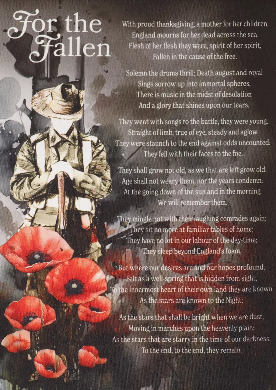 This wall hanging is a stunning montage featuring a lone soldier resting on reversed arms amidst a field of poppies. It includes all seven stanzas from the "For the Fallen" poem penned by Laurence Binyon, first published in "The Times" in September 1914. www.moralepatches.com.au