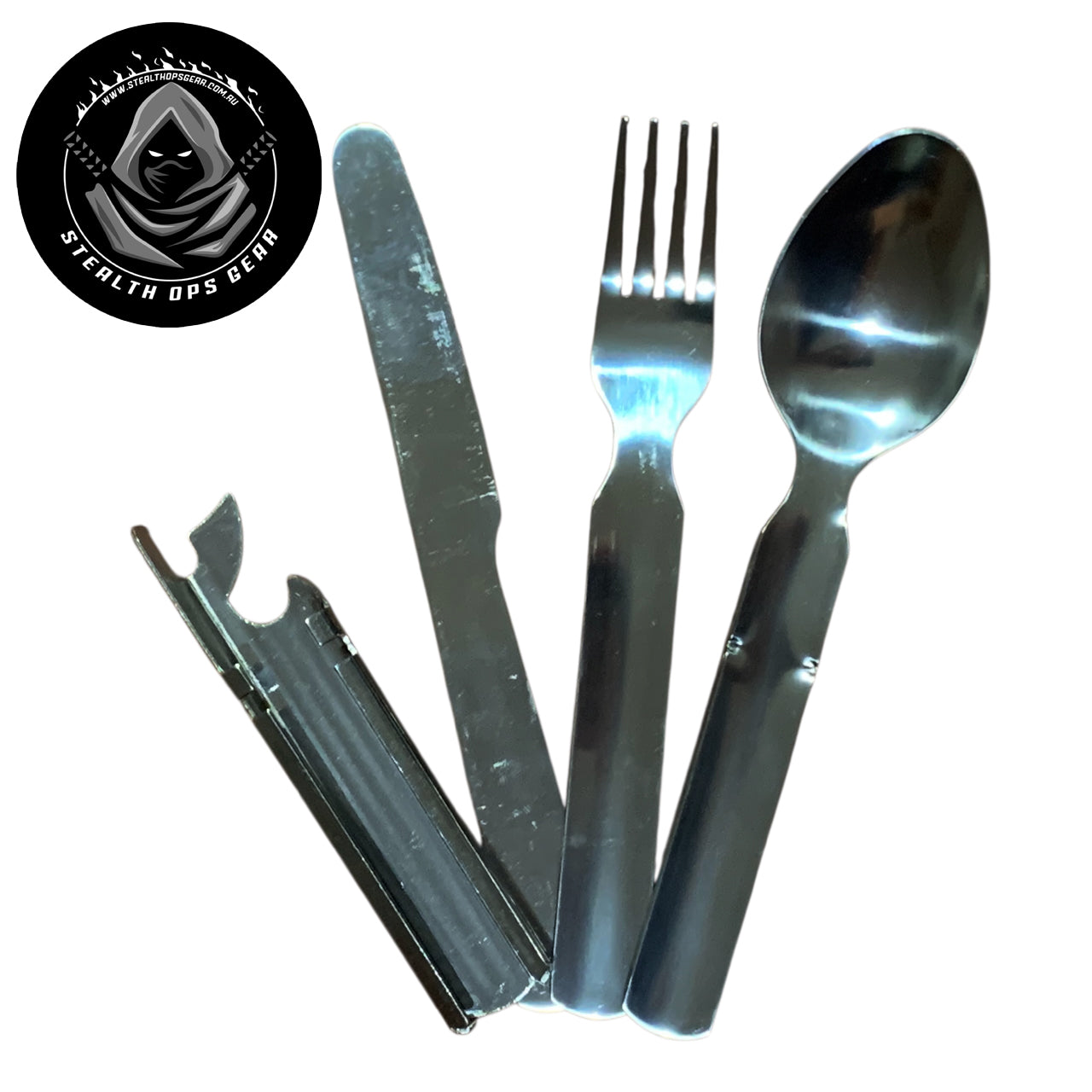 The 4-in-1 chow kit is a lightweight and reliable companion designed to meet the demands of camping, travel, military use, hiking, or motorcycling. Crafted from durable stainless steel, this versatile set includes a knife, fork, spoon, and can opener, all connected by a clever sliding design that keeps everything securely together and easy to carry. www.moralepatches.com.au